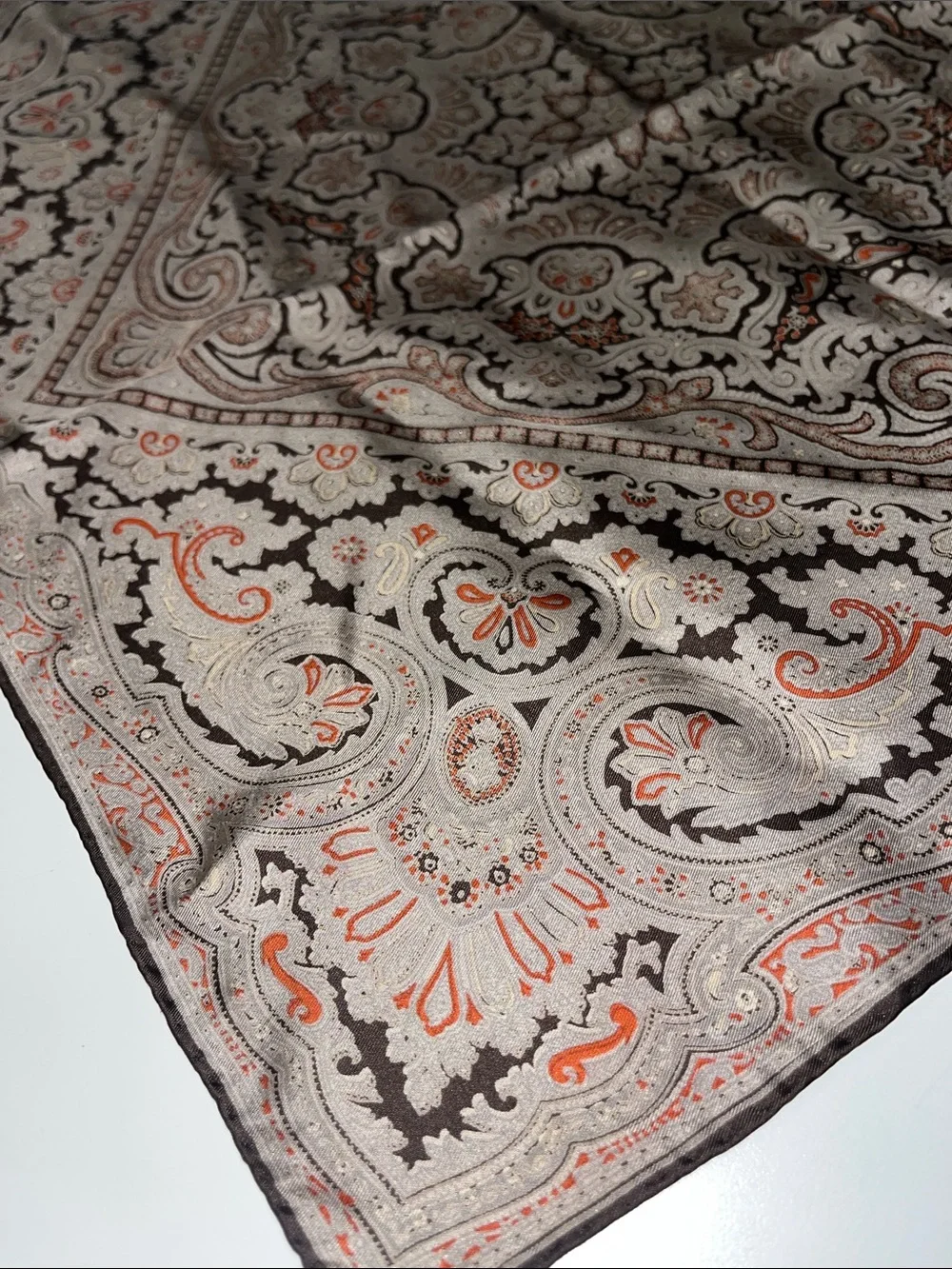 Source Unknown Taupe and Coral Paisley Square Silk Scarf